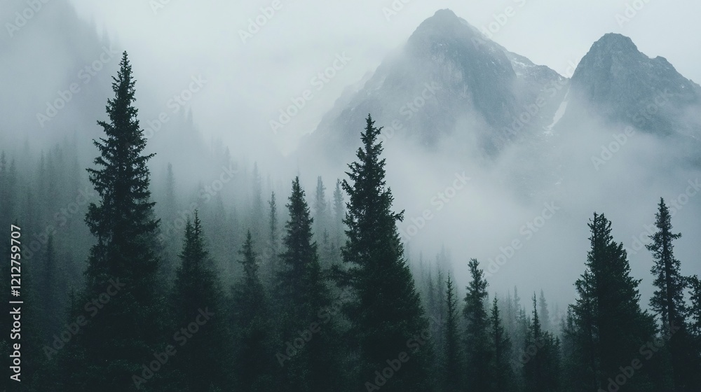 Fog rolling over majestic mountain peaks and pine forest Fog rolling over majestic mountain peaks and pine forest