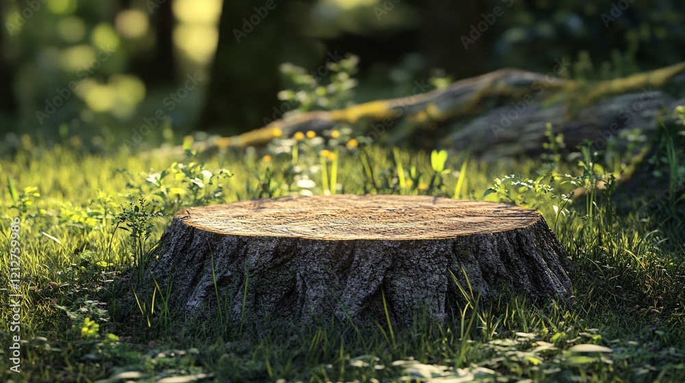 Tree stump emerging from lush green grass in forest clearing Tree stump emerging from lush green grass in forest clearing