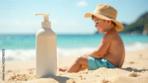 Close-up of sunscreen for children, blurry: child on the sand on the beach wearing a Panama hat. Space for text and labels
