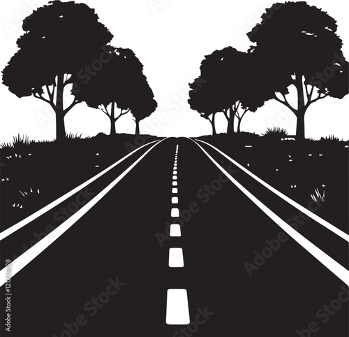 Asphalt road silhouette with tree straight road