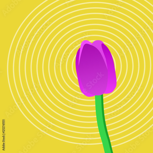 A cheerful springtime scene featuring a cluster of purple tulips against a bright yellow background. The tulips are in full bloom, and the simple, minimalist style creates a sense of joy and optimism.