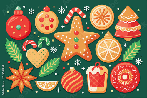 Christmas Cookies and Festive Holiday Ornaments in Retro Style