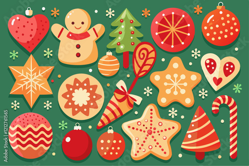 Christmas Cookies and Festive Holiday Ornaments in Retro Style