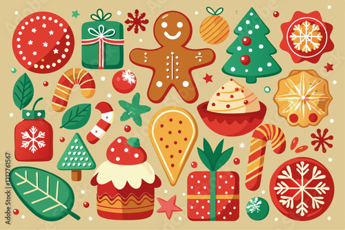 Christmas Cookies and Festive Holiday Ornaments in Retro Style
