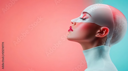 A sleek mannequin profile emerges from a dimensional background, showcasing vibrant colors with softened edges, intriguing the viewers with its artistic and conceptual flair. photo