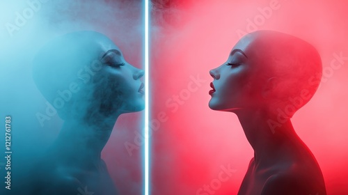 A visually striking profile of a mannequin, set against contrasting blue and red backgrounds, blending elements of art and emotional expression through colors and perspective. photo