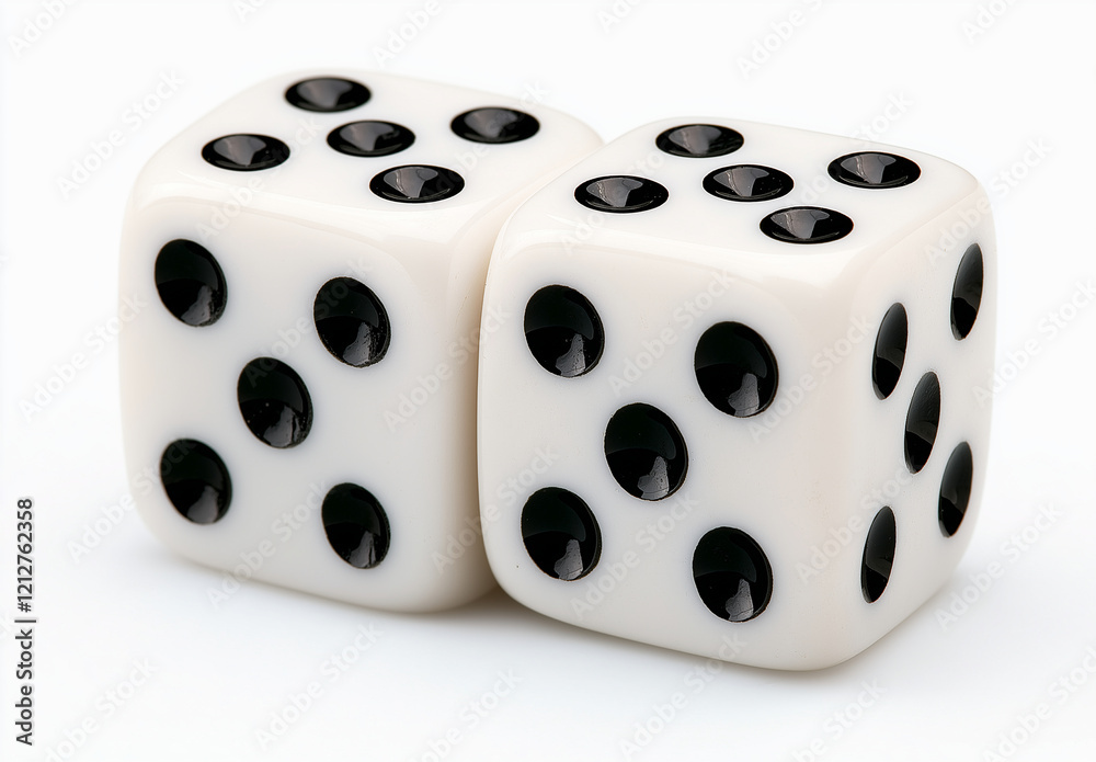 Two white dice with black dots, showcasing classic gaming element, perfect for board games or gambling. contrast of colors adds striking visual appeal Two white dice with black dots, showcasing classic gaming element, perfect for board games or gambling. contrast of colors adds striking visual appeal