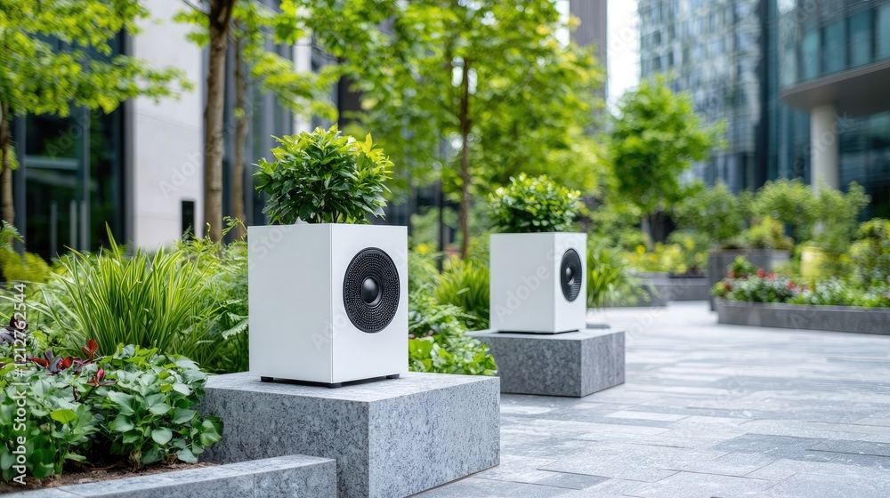 Fototapeta premium Modern white cubic speaker planters with green shrubs stand on stone pedestals in a sunny corporate plaza.