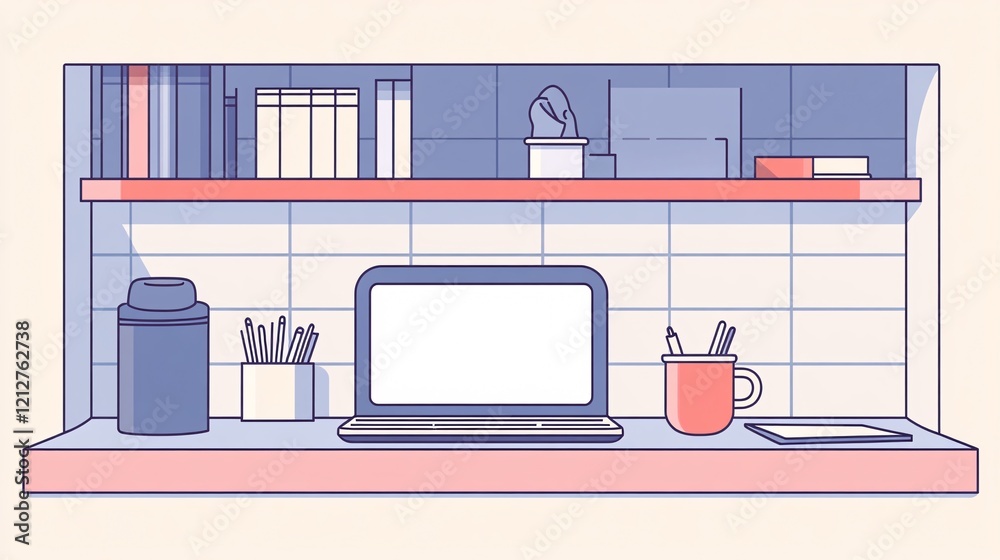 Naklejka premium Modern workspace setup featuring laptop, books, and supplies on shelves