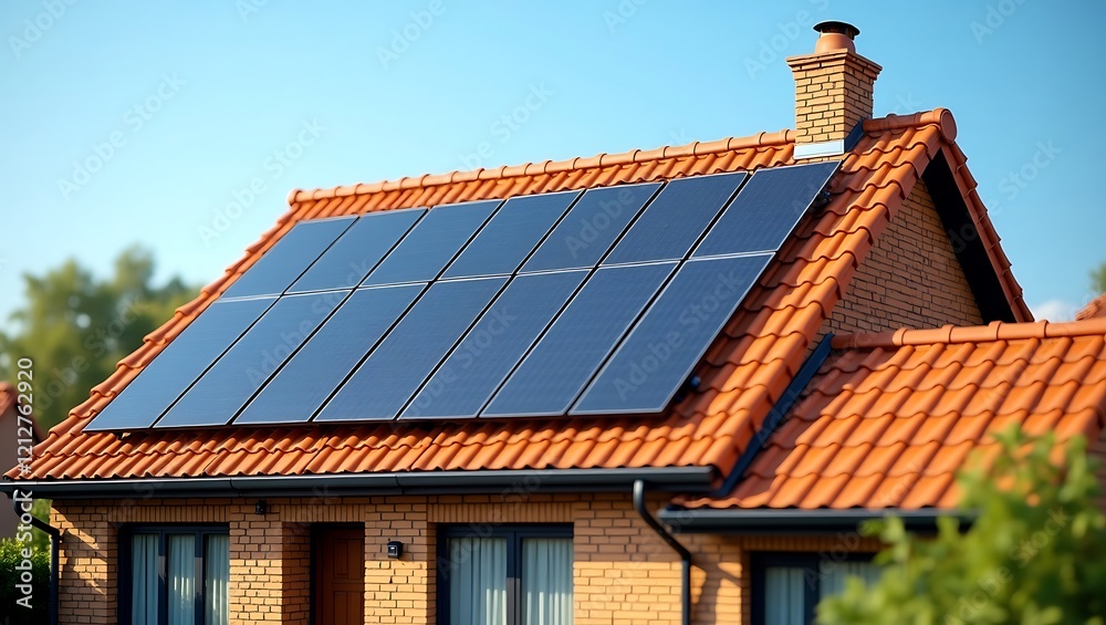Solar panels, residential house, orange tiled roof, eco-friendly home, sunny day, blue sky, white clouds, energy efficient, sustainable living, suburban architecture, modern home design Solar panels, residential house, orange tiled roof, eco-friendly home, sunny day, blue sky, white clouds, energy efficient, sustainable living, suburban architecture, modern home design