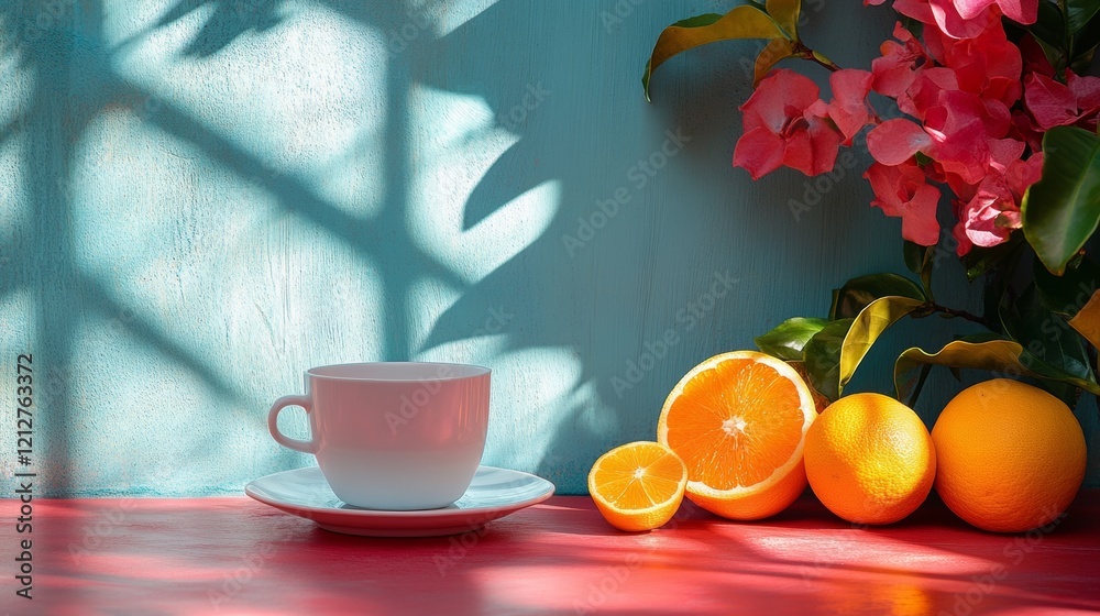 Cup of coffee with fresh oranges on a red table Cup of coffee with fresh oranges on a red table