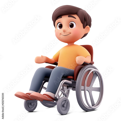 Smiling boy in a wheelchair, expressing positivity and inclusion. 3D drawing illustration.
