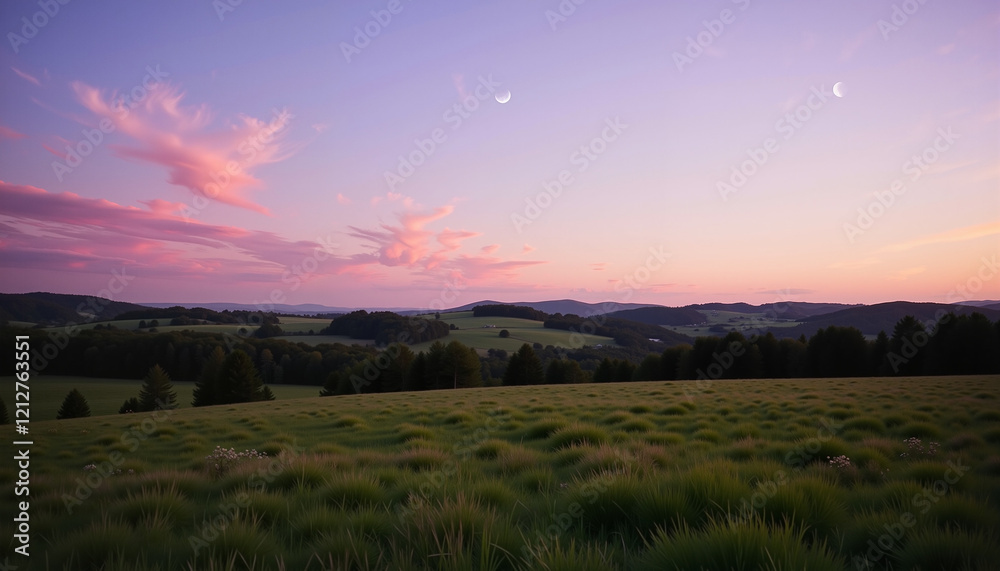Dual crescent moons in a colorful twilight sky above a lush green landscape Dual crescent moons in a colorful twilight sky above a lush green landscape