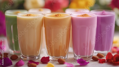 A vibrant display of colorful thandai drinks in clear glasses, garnished with spices, set against a blurred floral background