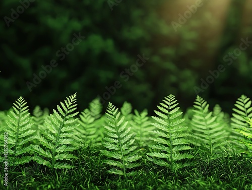 Lush green ferns in a sunlit forest nature scene close-up view tranquil environment botanical beauty photo