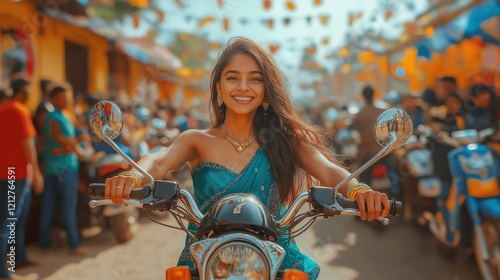 A confident Indian woman wearing a traditional outfit rides a motorcycle through a festive street filled with people and decorations photo