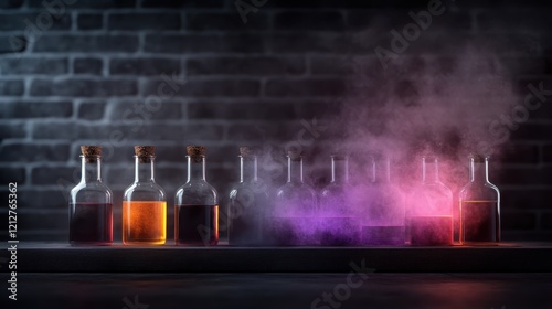 Mysterious bottles filled with liquids and surrounded by swirling smoke on a dark background, creating an air of intrigue, perfect for themes of mystery, fantasy, and sorcery. photo