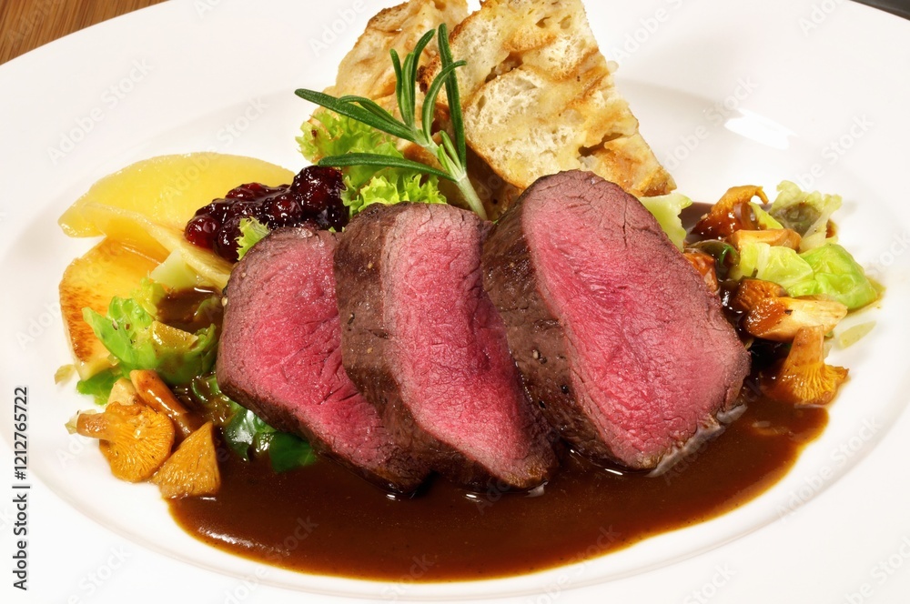 Deer with Vegetables on Cranberry Sauce Deer with Vegetables on Cranberry Sauce