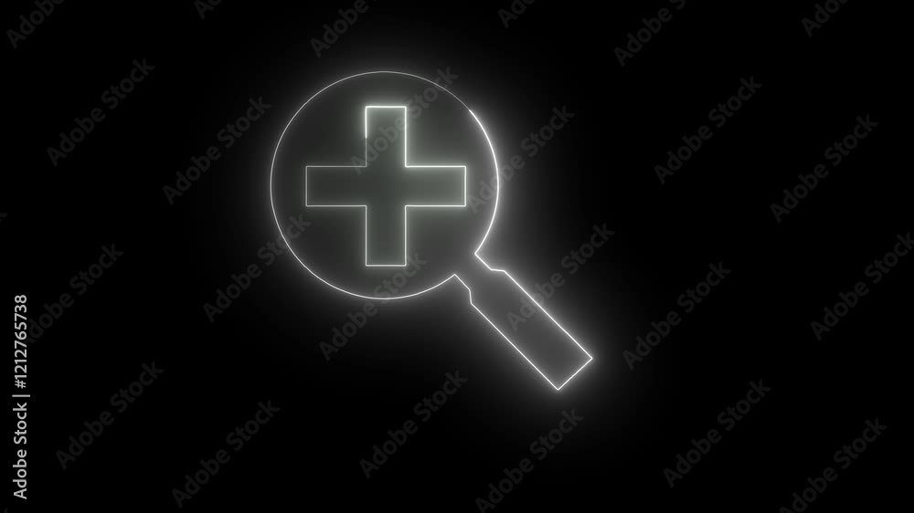 Glowing neon search icon with plus icon animation. Glowing neon search icon with plus icon animation.