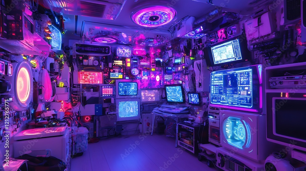 Advanced futuristic room showcasing electronics and vibrant lighting Advanced futuristic room showcasing electronics and vibrant lighting
