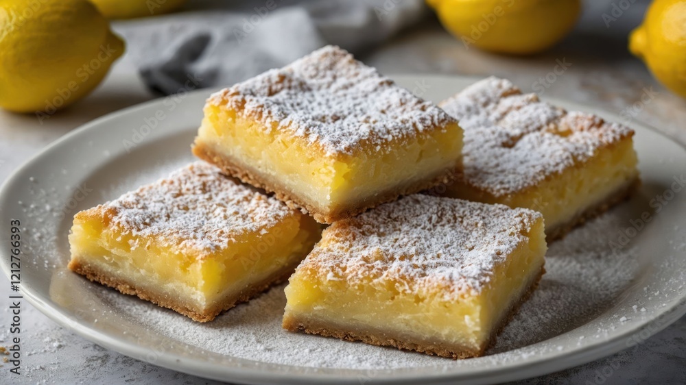 A plate of lemon bars dusted with powdered sugar, perfect for dessert or a sweet treat. A plate of lemon bars dusted with powdered sugar, perfect for dessert or a sweet treat.