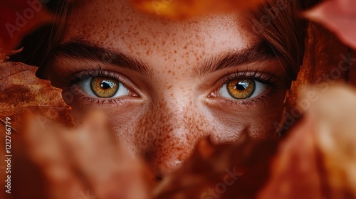 A close-up of a person's striking eyes framed by autumn leaves, showcasing a captivating gaze that reflects the beauty of nature and individuality in a serene setting. photo