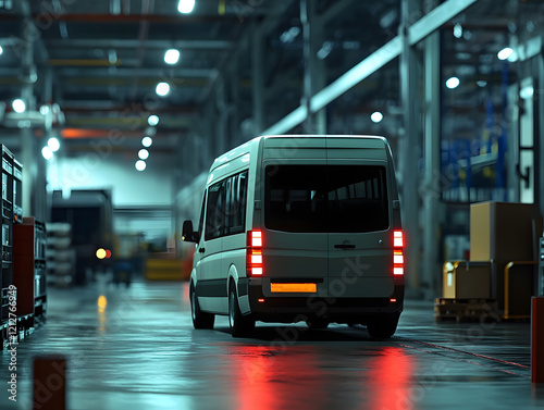 Transport minibus in warehouse, logistics. cargo delivery. Neural network AI generated art