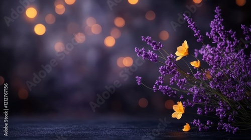 A beautiful composition featuring purple lavender and delicate yellow flowers against a bokeh background, creating an enchanting and calm atmosphere suited for relaxation. photo