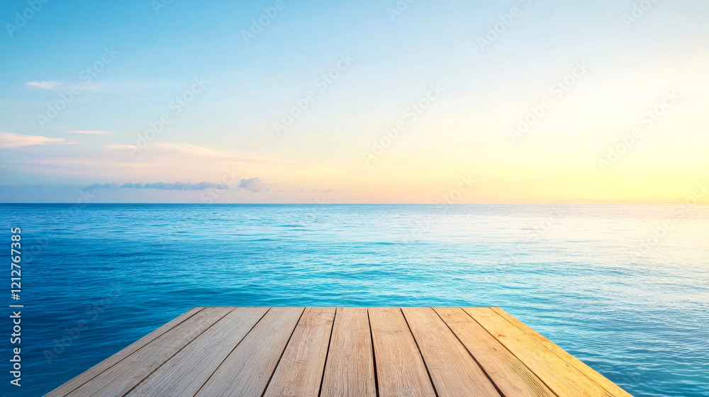 Fototapeta premium A serene wooden dock extends over calm waters, illuminated by the soft glow of a sunset, creating a tranquil seaside atmosphere.