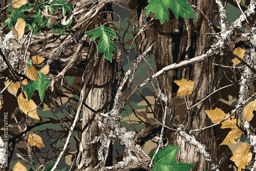 Real tree forest camouflage seamless pattern design pattern for hunting and military uniform. Hunting camouflage