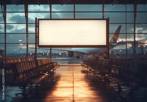 Spacious airport terminal interior with empty seats and large blank billboard  showcasing tranquility and anticipation before a flight in the golden hour light