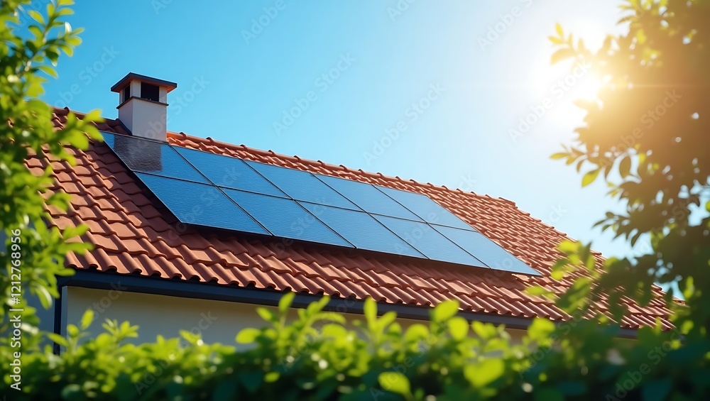 Solar panels, residential roof, red tiles, eco-friendly home, sustainable energy, sunny day, blue sky, white clouds, green foliage, suburban house, energy efficiency, photovoltaic system Solar panels, residential roof, red tiles, eco-friendly home, sustainable energy, sunny day, blue sky, white clouds, green foliage, suburban house, energy efficiency, photovoltaic system
