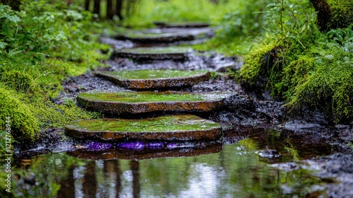 Mossy stone steps, forest stream, nature trail, tranquil scene, peaceful walk photo