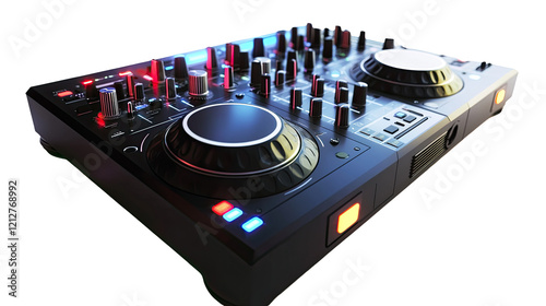 Modern dj mixer with knobs, faders, and jog wheels, ready for music mixing and performance, transparent background. photo