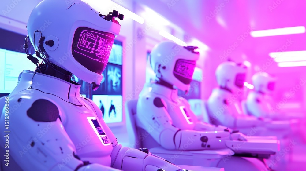 Naklejka premium Astronauts in futuristic control room, diverse team in space suits engaged in mission, vibrant lighting, high-tech environment.