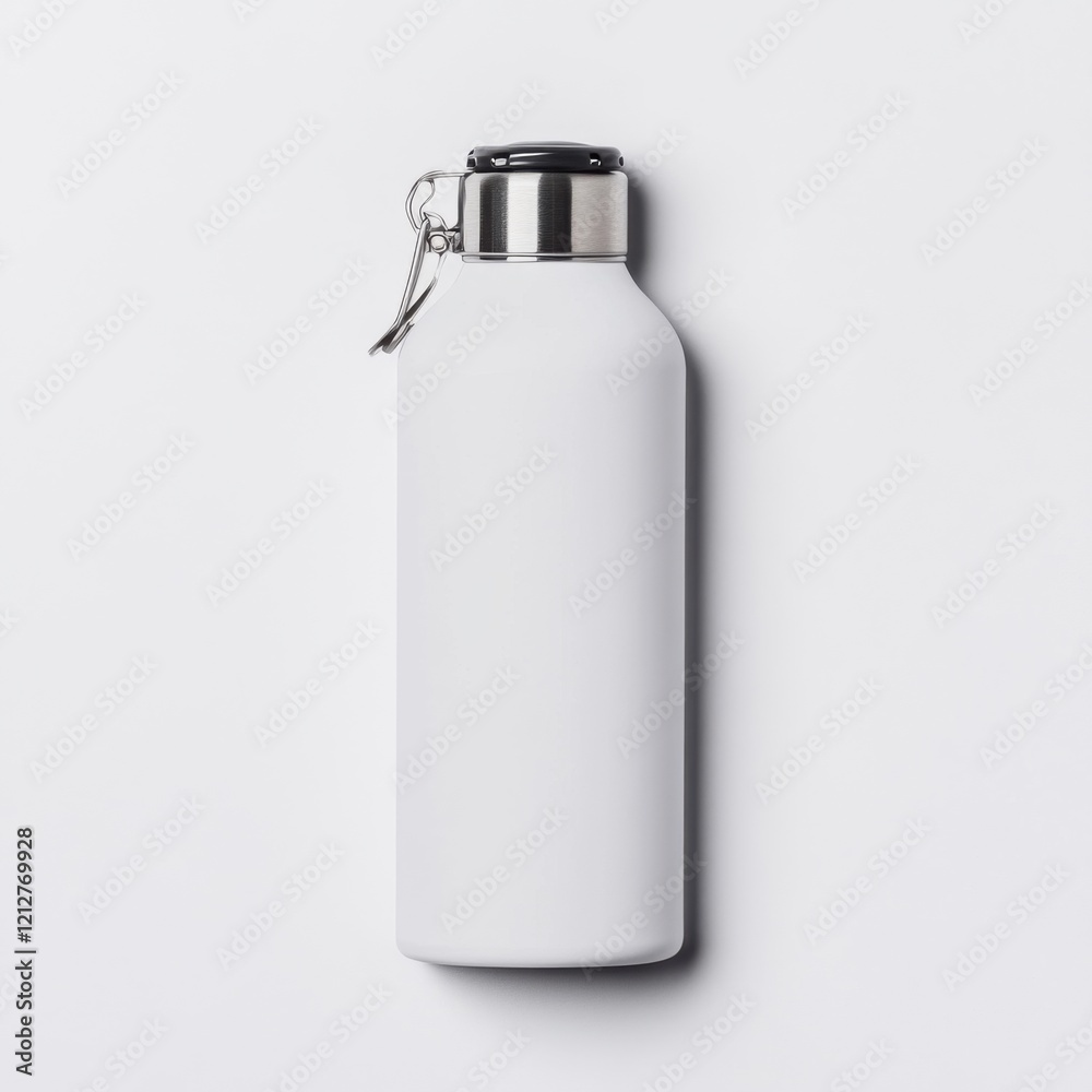 Minimalist White Water Bottle with Metal Cap on White Background Minimalist White Water Bottle with Metal Cap on White Background