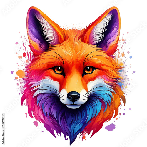 Vibrant portrait of a fox with colorful, abstract paint splashes. Ideal for apparel, posters, and digital art projects. photo