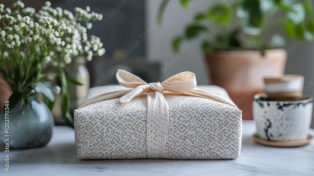 A single branded reusable wrapping cloth styled with subtle patterns. picture A single branded reusable wrapping cloth styled with subtle patterns. picture