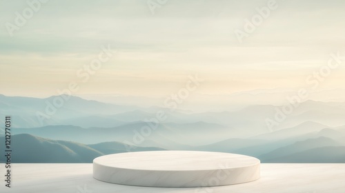 A white pedestal is set in the middle of a mountain range