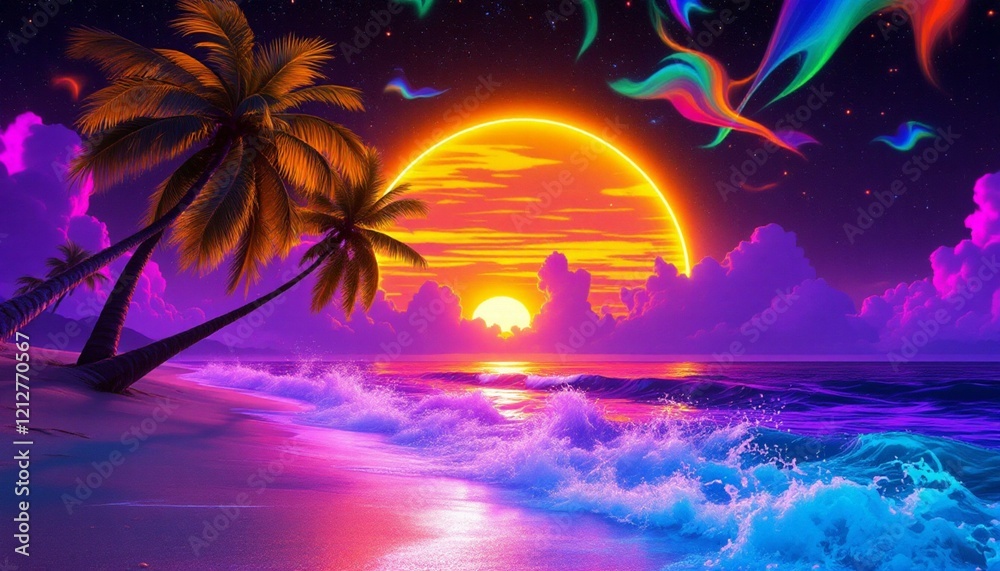 Vibrant Sunset Beach Paradise at Night