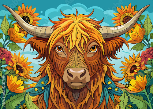 Scottish Highland Cow Vibrant Orange Fur Long Horns Surrounded by Sunflowers