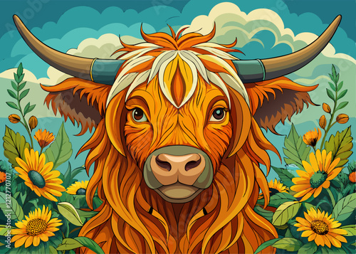 Scottish Highland Cow Vibrant Orange Fur Long Horns Surrounded by Sunflowers