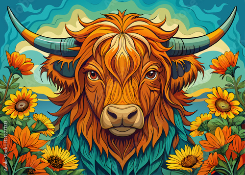 Scottish Highland Cow Vibrant Orange Fur Long Horns Surrounded by Sunflowers