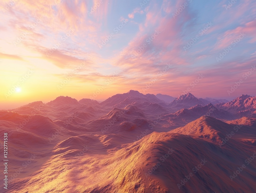Fototapeta premium A sweeping desert landscape with dunes tinted in Mocha Mousse tones under a vibrant sunset sky, photorealistic and immersive