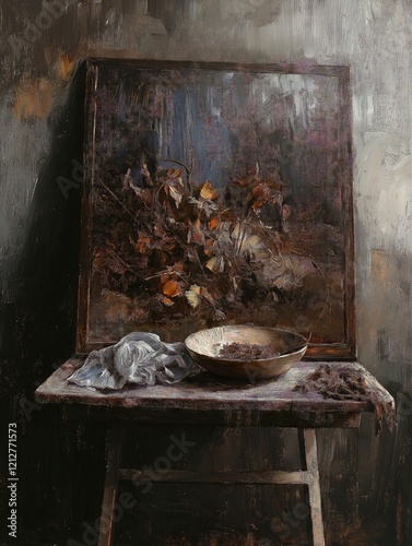Still Life with Autumn Leaves and Wooden Bowl