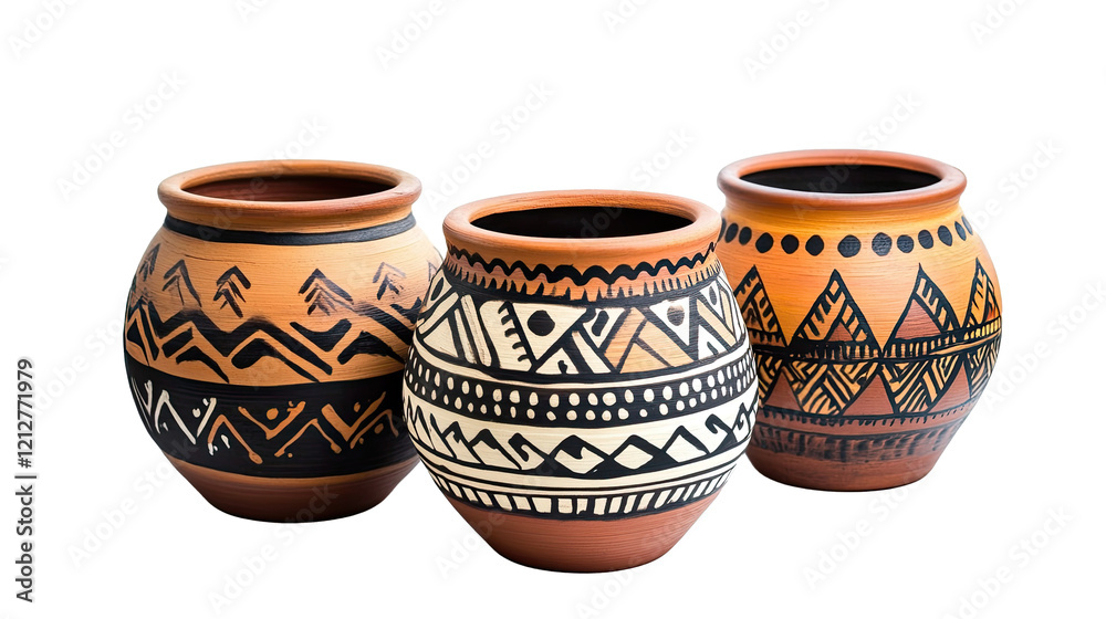 Clay pots showing traditional pottery techniques isolated on transparent background Clay pots showing traditional pottery techniques isolated on transparent background