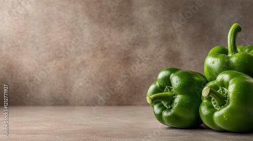 This close-up image features fresh green bell peppers artfully stacked, showcasing their vibrant color and texture which emphasizes healthy eating. photo