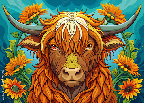 Scottish Highland Cow Vibrant Orange Fur Long Horns Surrounded by Sunflowers