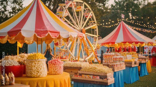 Festive fairground scene with colorful tents and a Ferris wheel at dusk photo