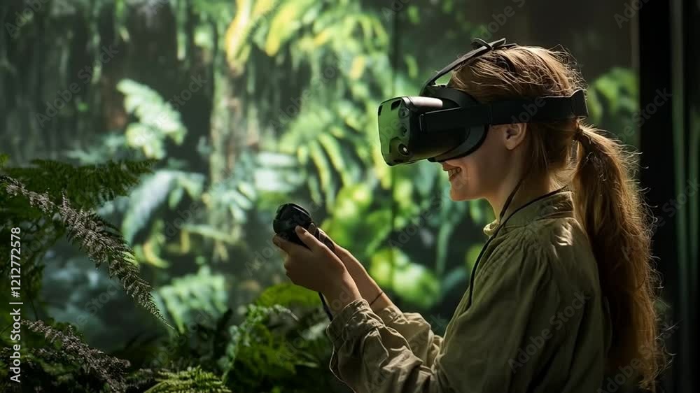 Scene of smiling woman using virtual reality set in a forest, smooth repeating motion for background video animation. Scene of smiling woman using virtual reality set in a forest, smooth repeating motion for background video animation.